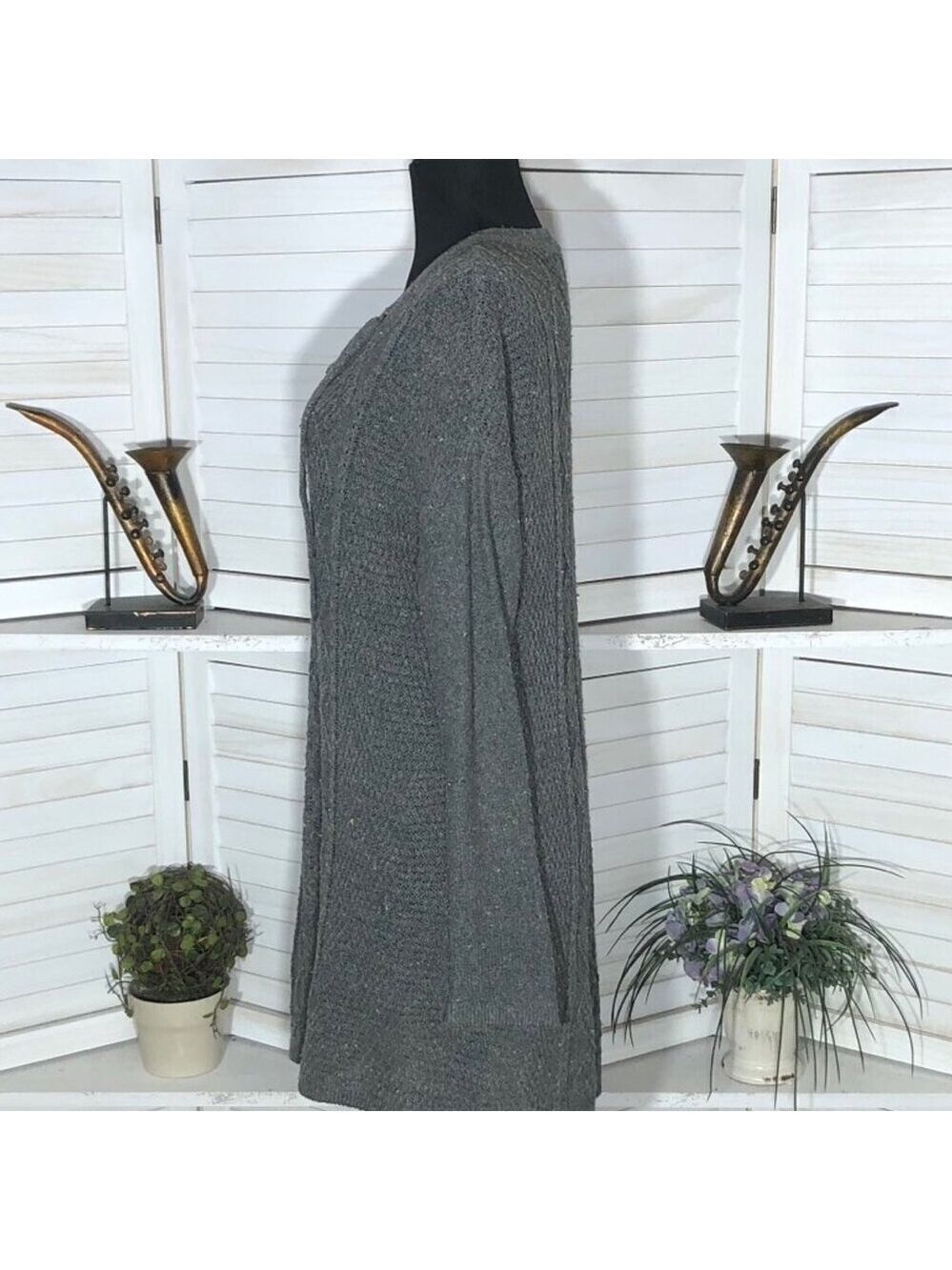 Vintage Y2K sweater dress gray CableKnit Laced V Neck langenlook boho festival S - Picture 5 of 9